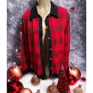 Eccobay EUC Red & Black Metallic Thread Plaid Sweater Cardigan Womens Sz L  S4